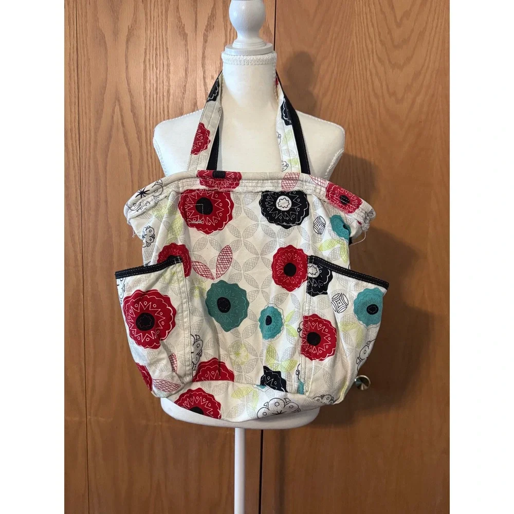 Thirty-One Retro Metro Tote Bag Floral Canvas Shoulder Bag Cream Red Teal Black